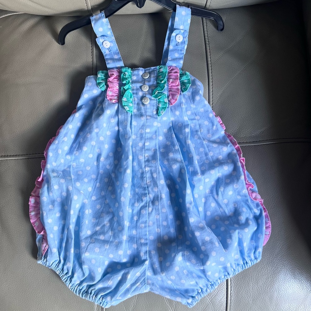 Petite Gamine Vintage Short Overall Sz 3 Blue Pink Ruffle White Polka Dot Boho